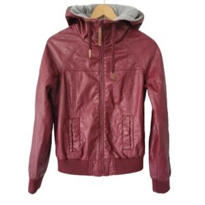JOU JOU Red Maroon Hooded Faux Leather Jacket Size XS